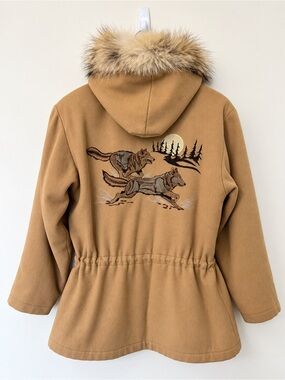 Vintage Northern Sun Wool Parka Genuine Fur Hood Wolf Embroidered S
